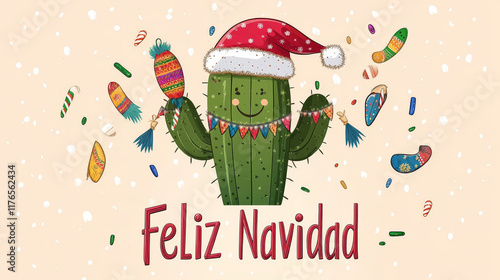 Hispanic Christmas feliz navidad banner with decorated festive cactus in Santa claus hat, flag garland, maracas, falling confetti and colorful typography. Cartoon vector vibrant holiday greeting card photo