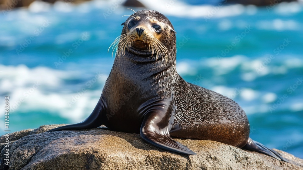 Obraz premium A sea lion lounging on a rock by the ocean waves.