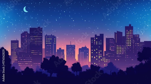 Night Cityscape A Serene and Stylish Vector Illustration Perfect for Wallpaper,Website Banners,or Any Urban Themed Design Project