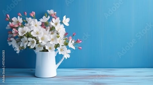 Elegant Spring Bouquet of White Flowers in a Charming Vase Placed on a Soft Blue Background with Fresh Greenery Accents for a Bright Home Decor