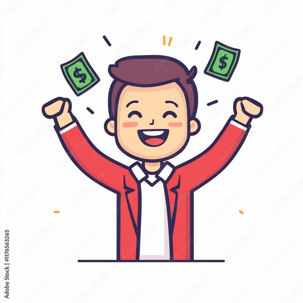 Happy cartoon man with raised arms, celebrating with money flying around him. Happy cartoon man with raised arms, celebrating with money flying around him.