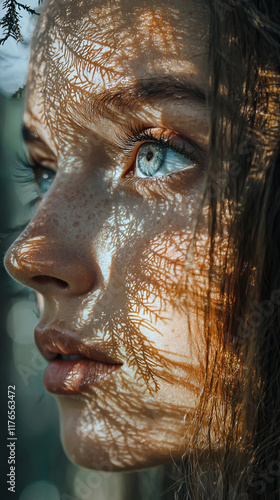 Woman s Face  Sunlight  Leaves  Shadow  Closeup  Portrait