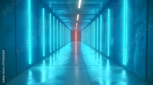 Abstract futuristic empty corridor with blue neon lights and concrete floor, creating a sci-fi inspired atmosphere. Minimalistic design suitable as a background for cinematic or digital creative proje photo