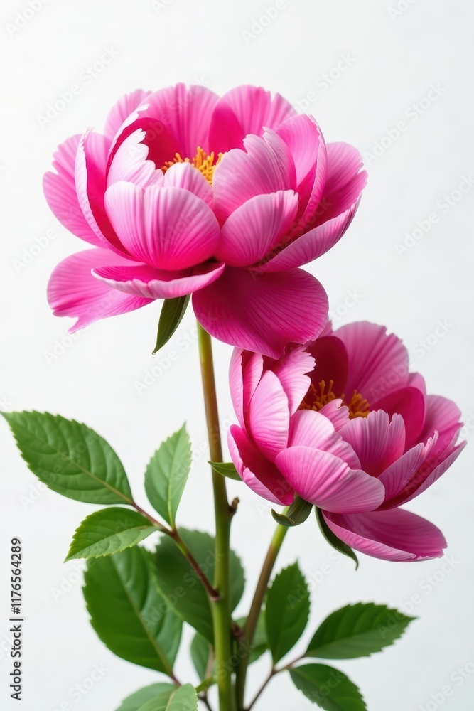 Obraz premium Full bloom peonies, vibrant petals, pure white backdrop, spring, delicate, white background