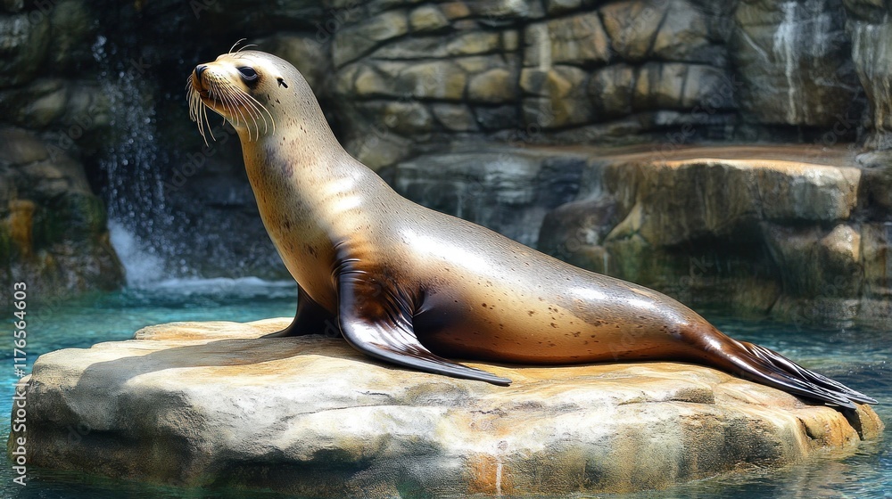 Fototapeta premium A sea lion resting on a rock near water, showcasing its sleek body and playful nature.