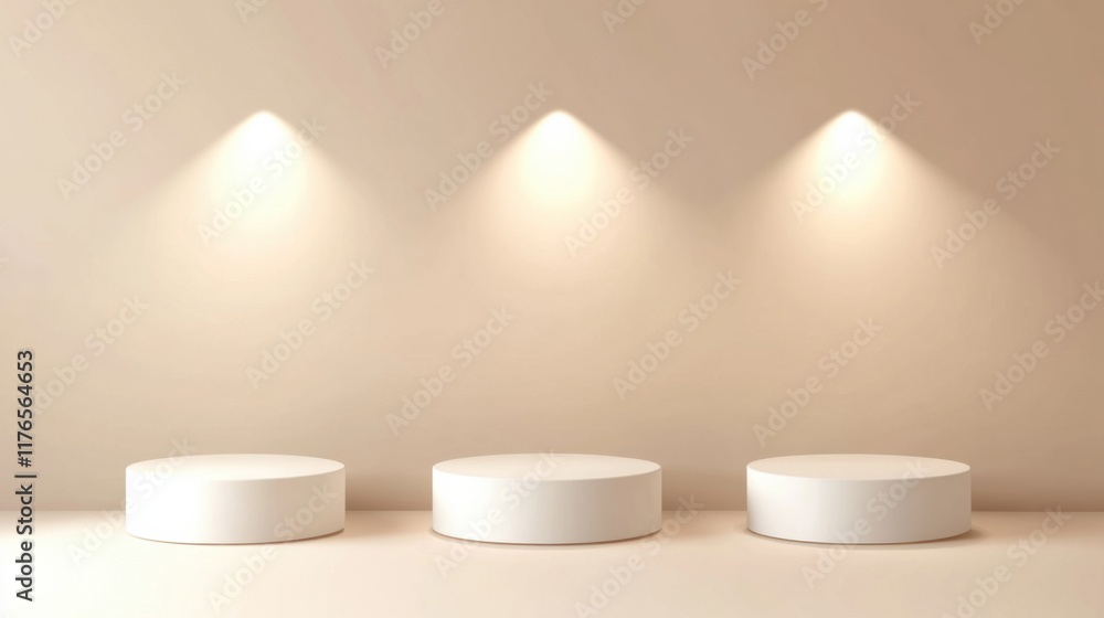 three white pedestals in a room with three lights three white pedestals in a room with three lights