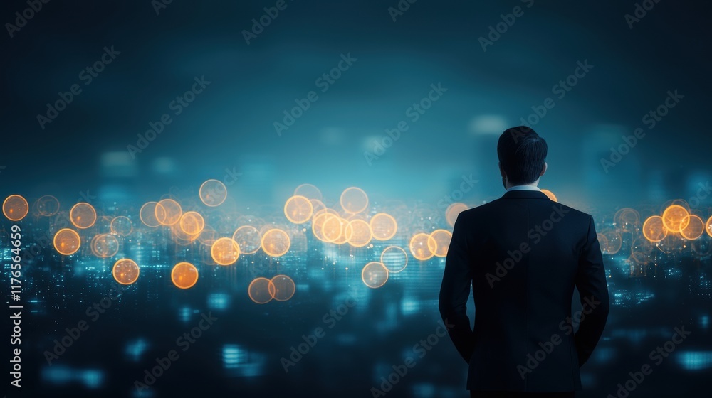 Businessman in Suit Gazing at City Skyline with Bokeh Lights in Evening Twilight Businessman in Suit Gazing at City Skyline with Bokeh Lights in Evening Twilight