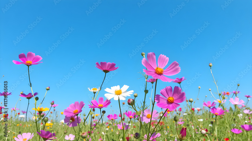 cosmos flower field with blue sky background. cosmos flower field with blue sky background.