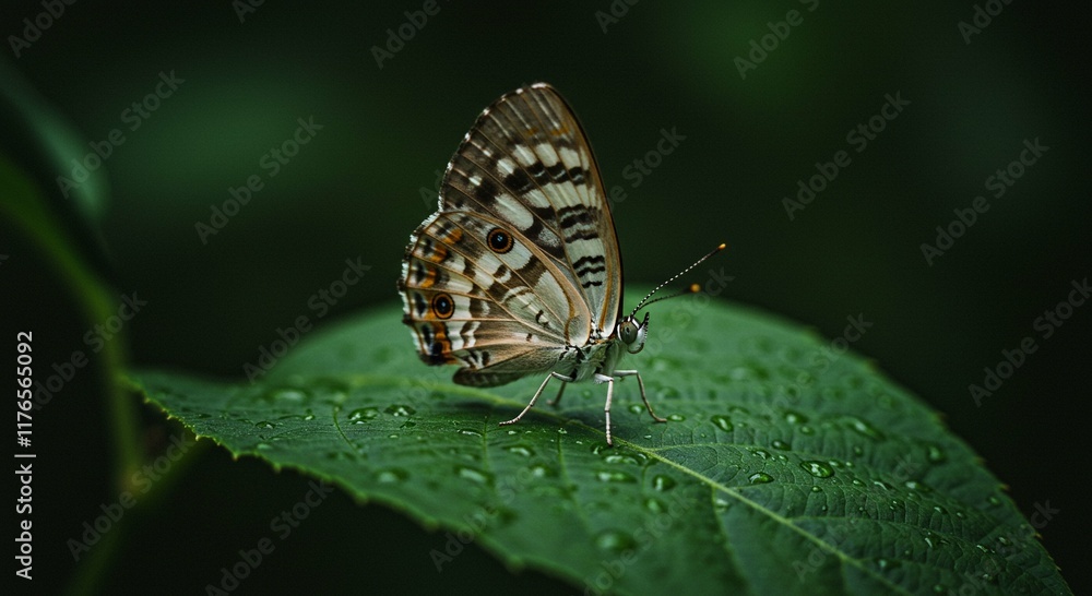 Stunning Butterfly on Dew Covered Leaf Macro Nature Photography Stunning Butterfly on Dew Covered Leaf Macro Nature Photography