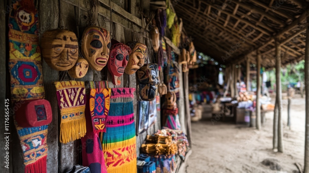 Fototapeta premium A vibrant Amazonian marketplace featuring indigenous art crafted from natural resources. Hand-carved wooden masks and intricately woven textiles represent cultural heritage. Conservation efforts promo