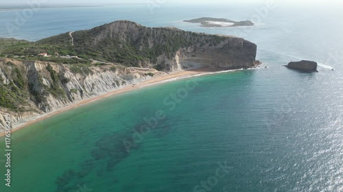 Aerial view of El Zapato rock and Isla Cabra island at El Morro limestone mountain in the outskirts of Montecristi in the Monte Cristi province on the north coast of the Dominican Republic photo