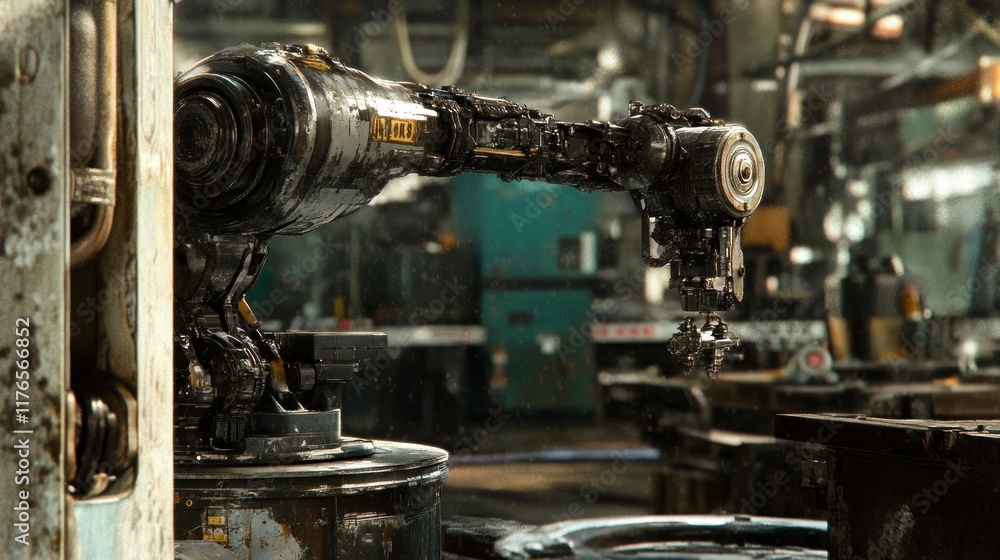 Fototapeta premium Damaged industrial robotic arm in factory.