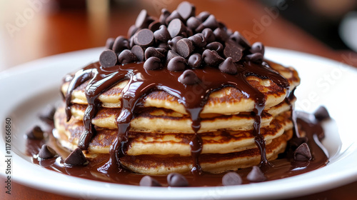 Cartoon crepe confectionery and sweet pastry. Vector appetizing, folded chocolate flapjack, drizzled with chocolate sauce and garnished with choco chips. Delicious pancake or slapjack breakfast treat