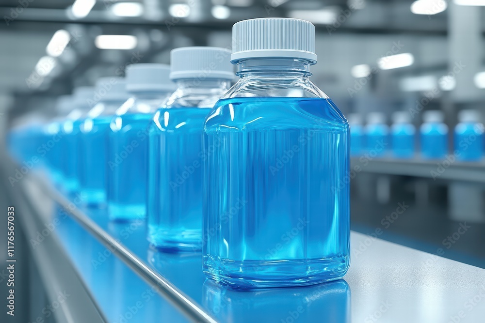 Clear Glass Bottles with Blue Liquid on Production Line Background Clear Glass Bottles with Blue Liquid on Production Line Background