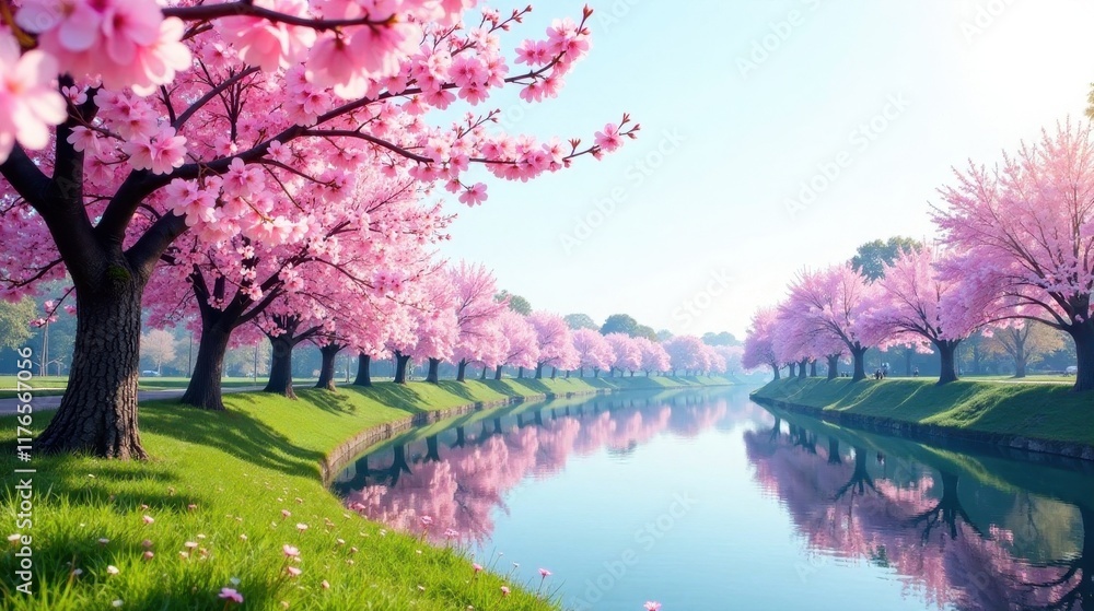 Serene Springtime Canalside with Blossoming Pink Trees Reflecting in Calm Water Serene Springtime Canalside with Blossoming Pink Trees Reflecting in Calm Water