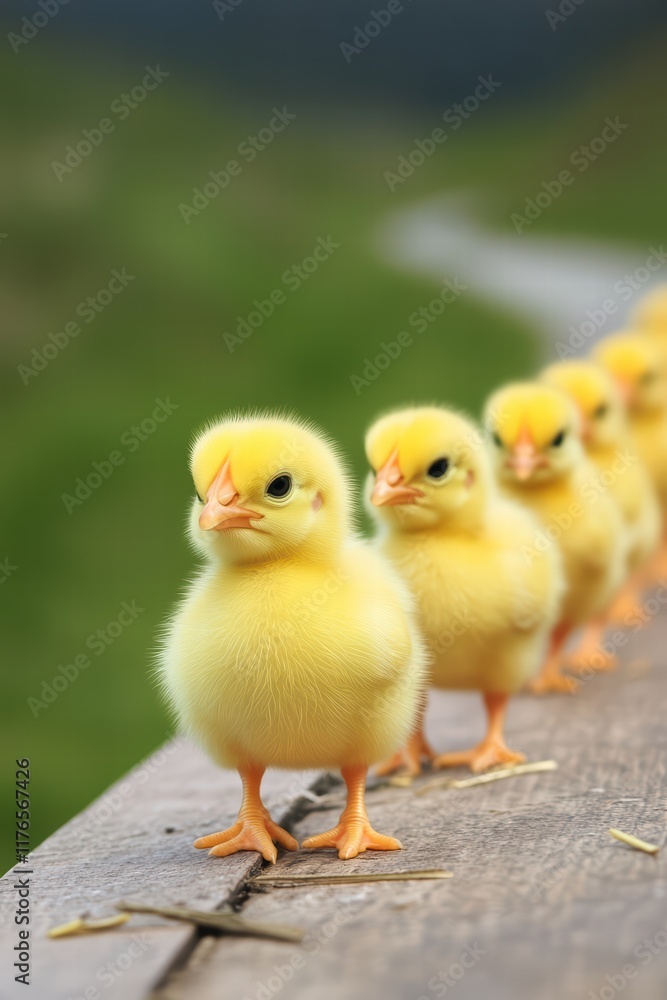 Cute Yellow Chicks Standing in a Row on a Wooden Surface Cute Yellow Chicks Standing in a Row on a Wooden Surface