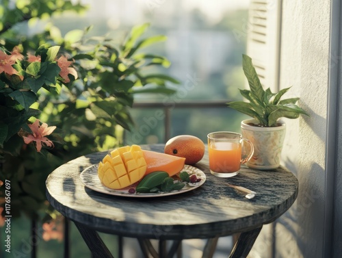 A peaceful Thai morning breakfast scene: a small table with a plate of fresh papaya, mango, and a cup of herbal tea, set on a balcony with plants. photo