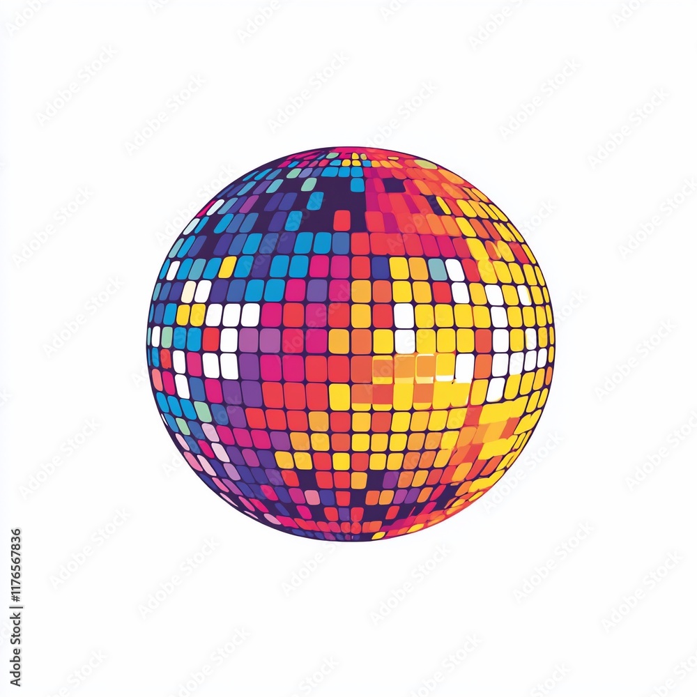 Obraz premium Colorful disco ball, vibrant geometric pattern, reflecting light, fun, party, 