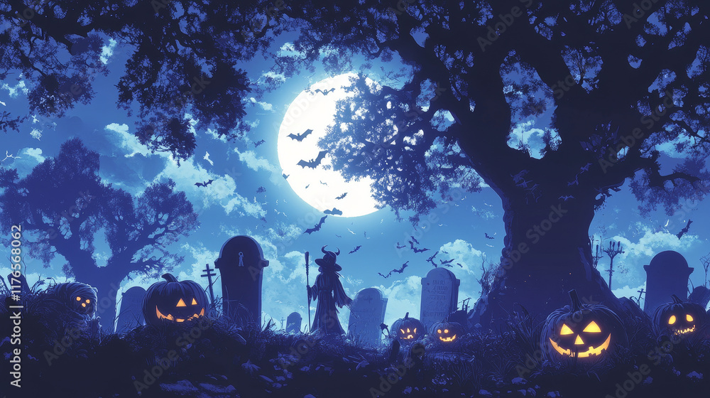 Halloween character silhouettes on cemetery of horror night holiday. Vector black pumpkins and bats, spooky witch with broom, mummy and vampire, creepy trees, gravestones on full moon sky background Halloween character silhouettes on cemetery of horror night holiday. Vector black pumpkins and bats, spooky witch with broom, mummy and vampire, creepy trees, gravestones on full moon sky background