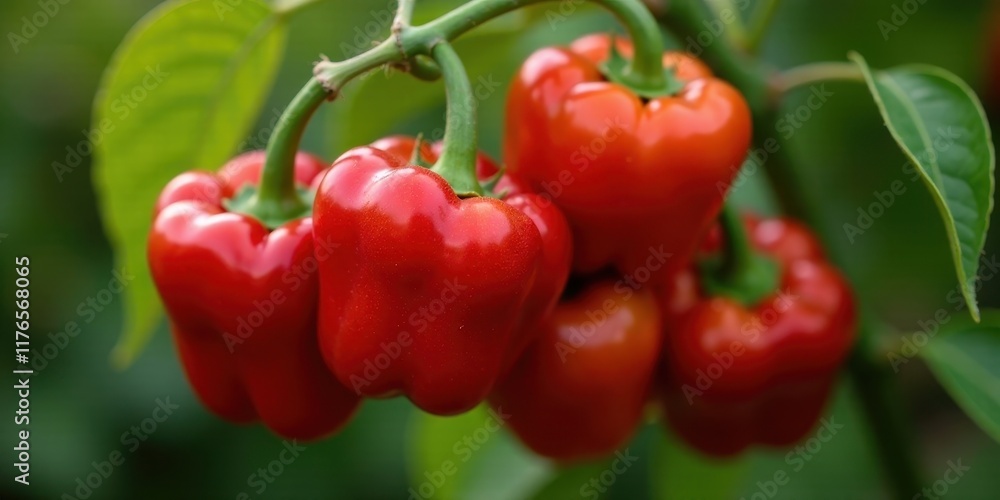Vibrant Red Bell Peppers Hanging on a Lush Green Plant, Displaying Their Juicy and Fresh Appearance, Ready for Harvest Vibrant Red Bell Peppers Hanging on a Lush Green Plant, Displaying Their Juicy and Fresh Appearance, Ready for Harvest