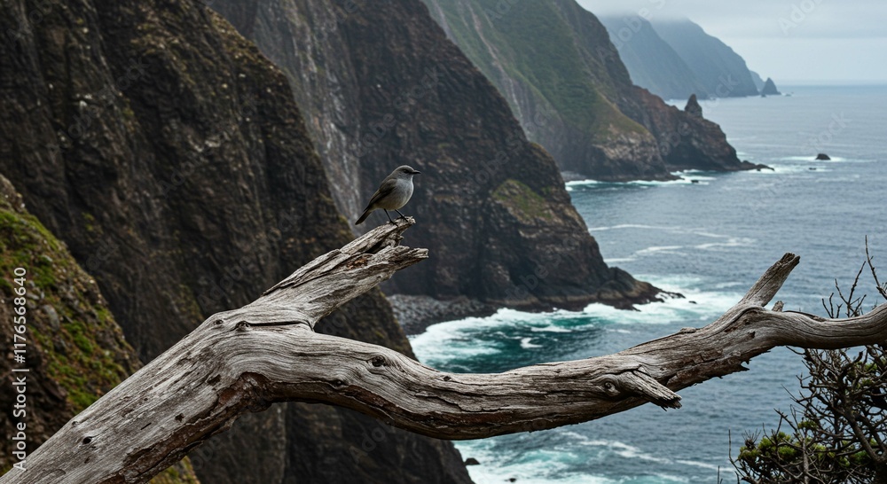 Coastal Bird on Driftwood Dramatic Cliffs Ocean View Coastal Bird on Driftwood Dramatic Cliffs Ocean View