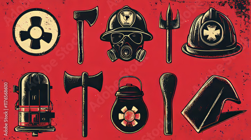 Firefighting icons, heraldic symbols, vector protective helmet and gas mask, fire axe and shovel. Extinguisher, hydrant and fire truck with walkie talkie. Firefighter labels or badge of department set photo