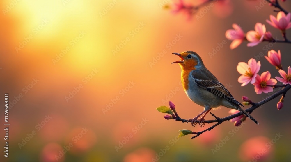 Serene avian melody at sunrise, perched on blossoming branch, vibrant plumage, gentle song, soft light, peaceful scene, nature's beauty Serene avian melody at sunrise, perched on blossoming branch, vibrant plumage, gentle song, soft light, peaceful scene, nature's beauty