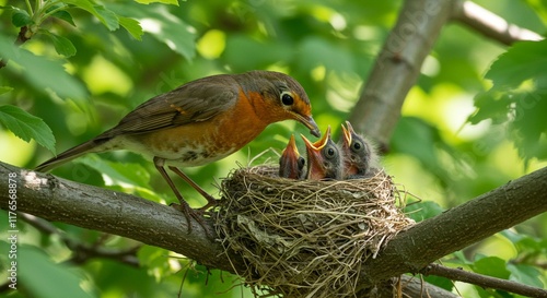 Mother Robin Feeding Baby Birds in Nest Spring Nature