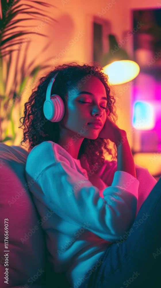 A millennial woman sitting on her sofa with headphones on, listening to relaxing music, her face glowing with a serene expression. A millennial woman sitting on her sofa with headphones on, listening to relaxing music, her face glowing with a serene expression.