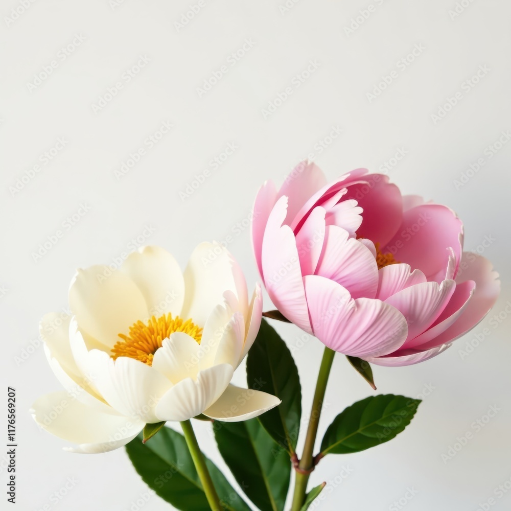 Fototapeta premium Creamy white and blush peonies, pure white background, pretty, pastel, flower photography