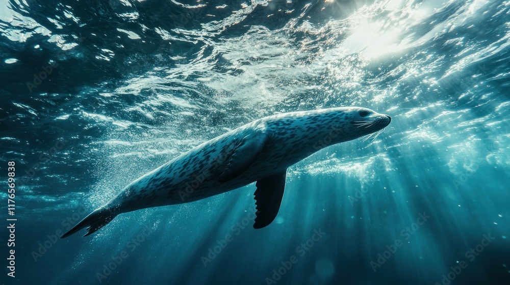 Fototapeta premium A seal swimming gracefully underwater, illuminated by beams of light.