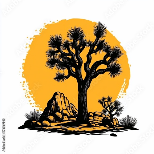 Silhouette of Joshua tree at sunset, with desert rocks and a large sun.