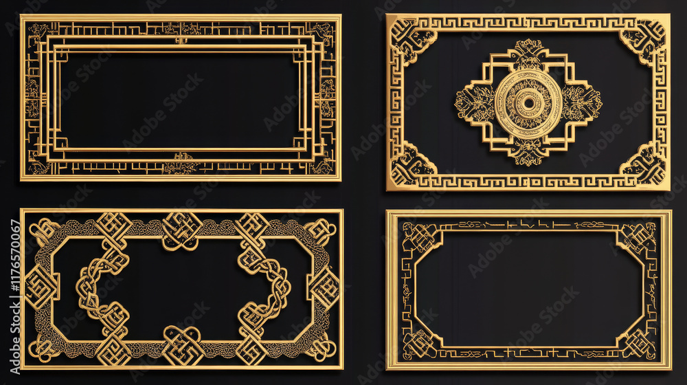 Asian square and rectangular chinese, japanese, korean frames and borders. Vector gold photo frames with traditional asia knot ornaments, embellishment or patterns. Oriental graphic vintage decor set Asian square and rectangular chinese, japanese, korean frames and borders. Vector gold photo frames with traditional asia knot ornaments, embellishment or patterns. Oriental graphic vintage decor set