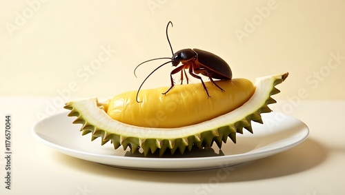 A detailed shot of a cockroach perched on openned durian fruit placed on a white plate, highlighting contamination risks, food safety issues, and unsanitary practices photo