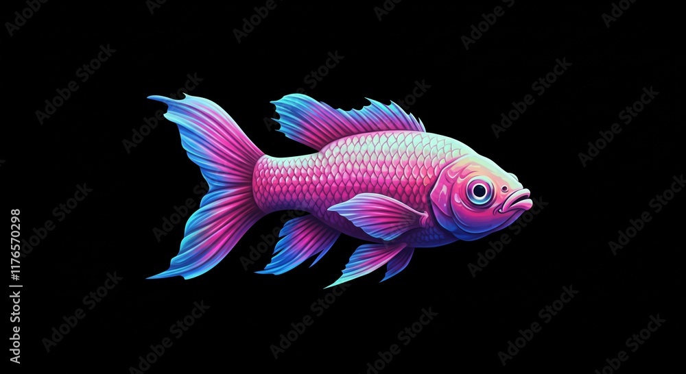 Fototapeta premium Vivid Neon Pink Blue Fish Aquatic Life Illustration Digital Art