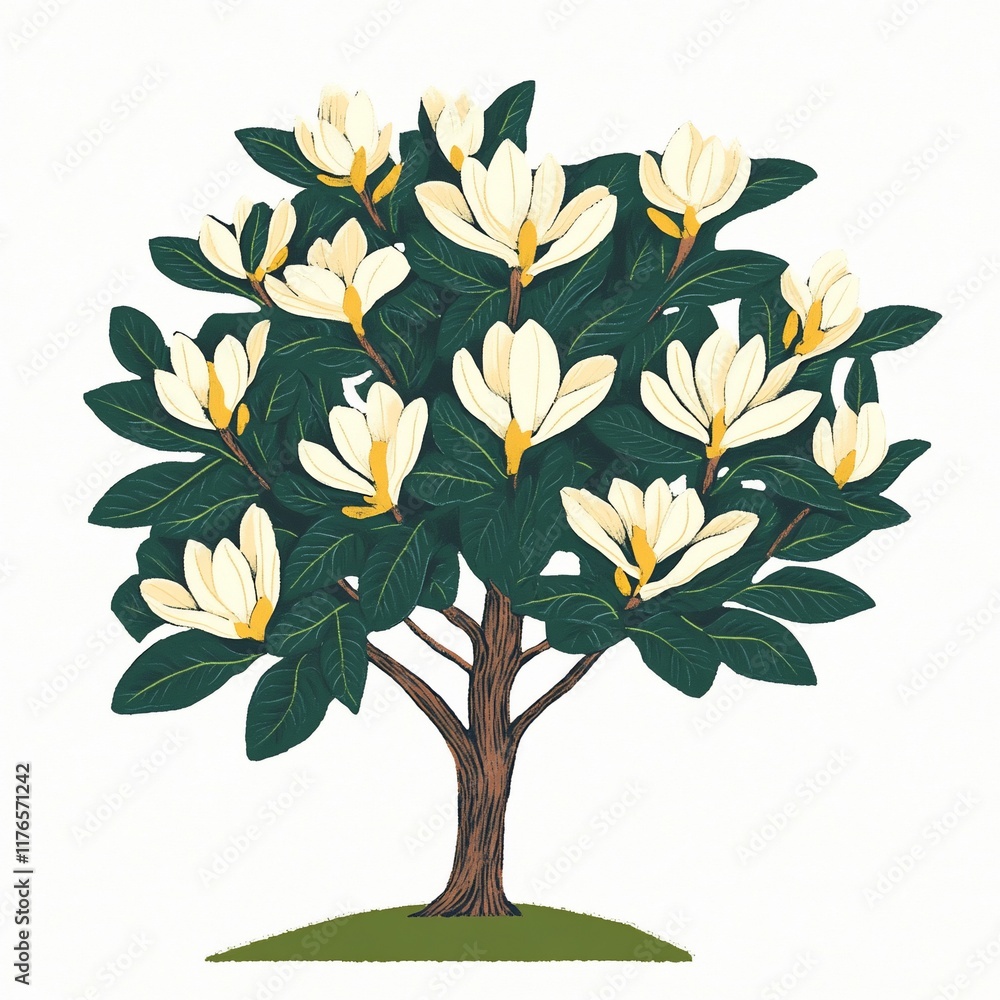 Fototapeta premium A full view of a magnolia tree with lush, detailed leaves and creamy-white blossoms, a representation of nature's beauty, planted in the ground, in a flat design style.