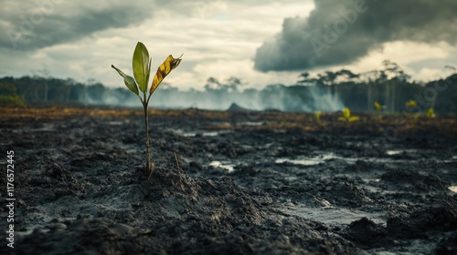 An evocative Amazonian wilderness scene symbolizing the impacts of climate change. Scorched earth contrasts with regrowing vegetation as a single sapling symbolizes hope amid a scarred landscape. photo