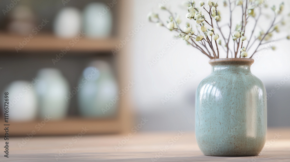 Obraz premium Spring Blooms in a Rustic Vase: A single, delicate vase filled with blossoming branches adds a touch of natural beauty and spring charm to a simple wooden table.