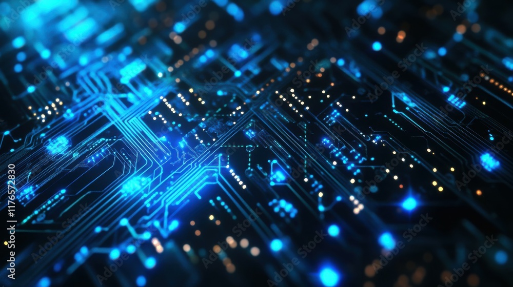 The background banner of a digital network circuit board is blue and black with glowing lights and connecting dots The background banner of a digital network circuit board is blue and black with glowing lights and connecting dots