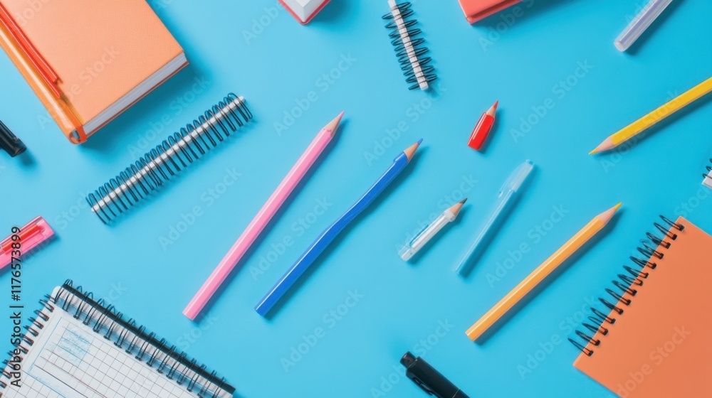 Various stationery pencils, a notebook and textbooks are shown against a blue background. Various stationery pencils, a notebook and textbooks are shown against a blue background.