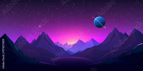 Spectacular Purple Sunset over a Mountain Range with a Planet in the Sky Perfect for Sci Fi,Fantasy,or Tech Backgrounds