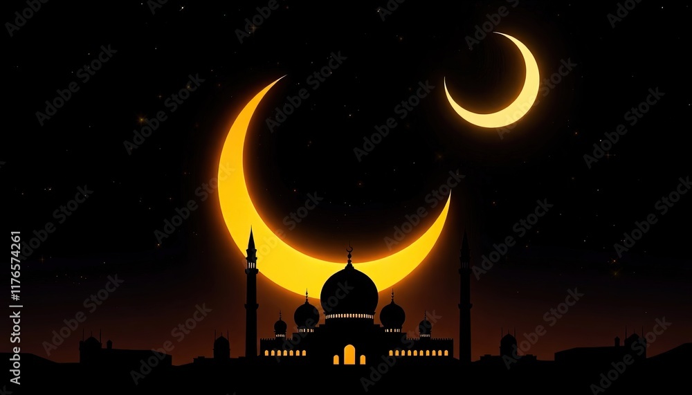 Obraz premium a stunning night scene with a crescent moon, the larger one shining brightly. Beneath the moons is a silhouetted landscape that looks like a mosque with prominent domes and minarets, Ramadan kareem