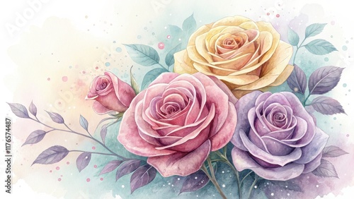 Soft Pastel Watercolor Roses on Light Background with Delicate Leaves