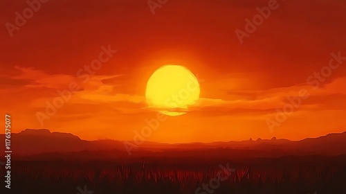 Fiery Sunset over Serene Landscape A breathtaking panorama of a vibrant sunset casting an orange glow over a tranquil landscape,ideal for travel
