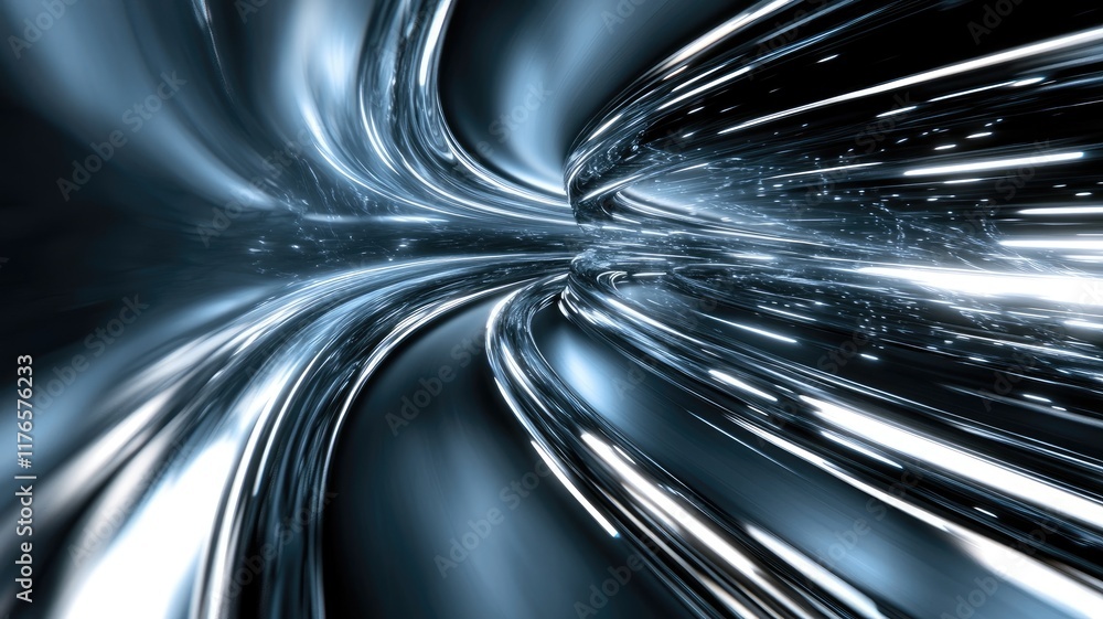 Abstract metallic swirl with reflective, futuristic light patterns Abstract metallic swirl with reflective, futuristic light patterns