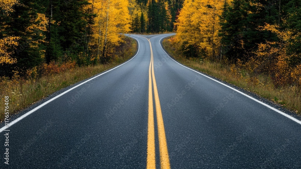 Obraz premium Scenic autumn road winding through a lush vibrant forest landscape with colorful fall foliage This untouched natural wonder invites travelers on an adventurous journey through the serene wilderness