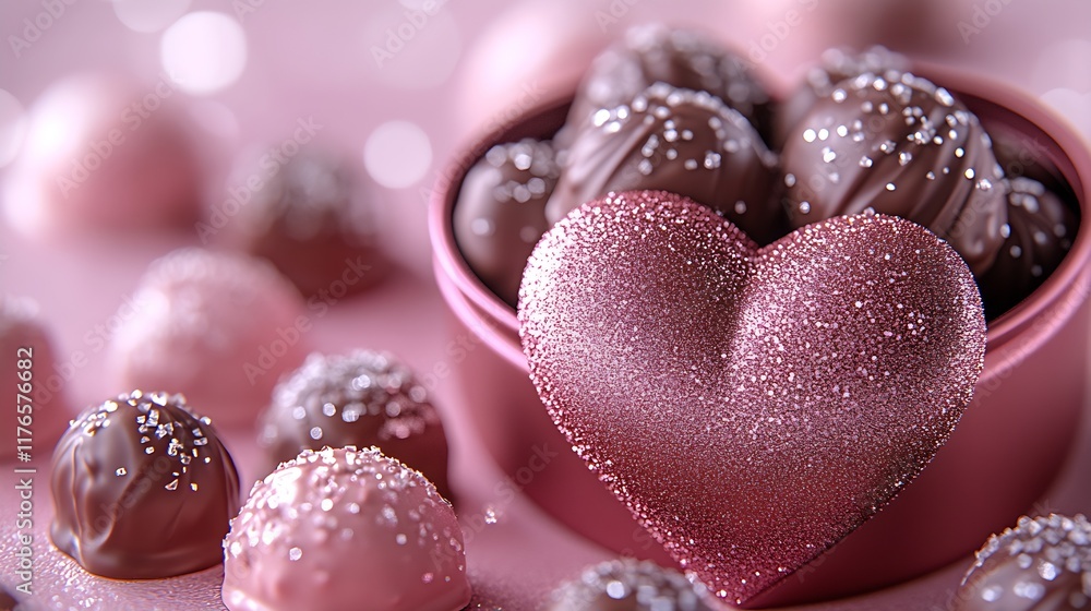 Beautiful Heart Shaped Chocolate Candies with Pink Glitter Design in Gift Box : Generative AI Beautiful Heart Shaped Chocolate Candies with Pink Glitter Design in Gift Box : Generative AI