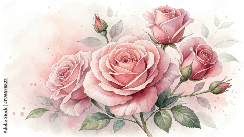 Fototapeta premium Soft Watercolor Roses in Delicate Pink and Green Tones