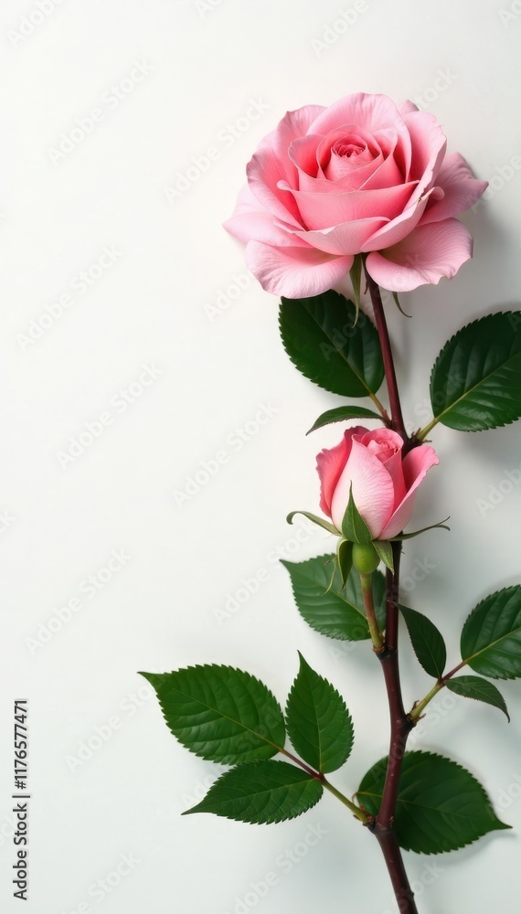 Fototapeta premium Delicate pink rose blossoms, lush green leaves, pristine white backdrop , rose, floral