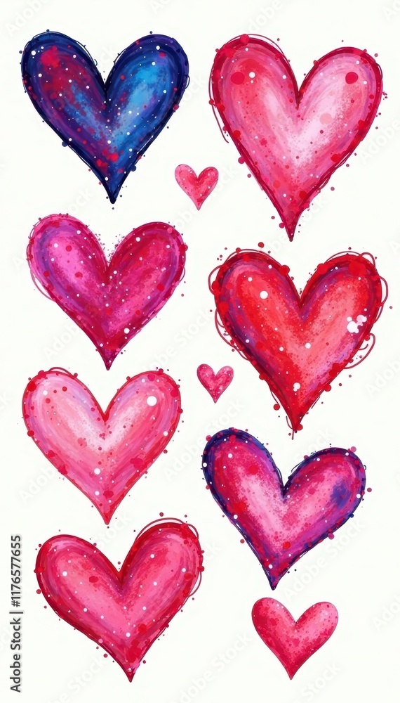 Fototapeta premium Expressive acrylic & watercolor hearts, diverse shapes & styles, white backdrop , colorful, card, isolated background